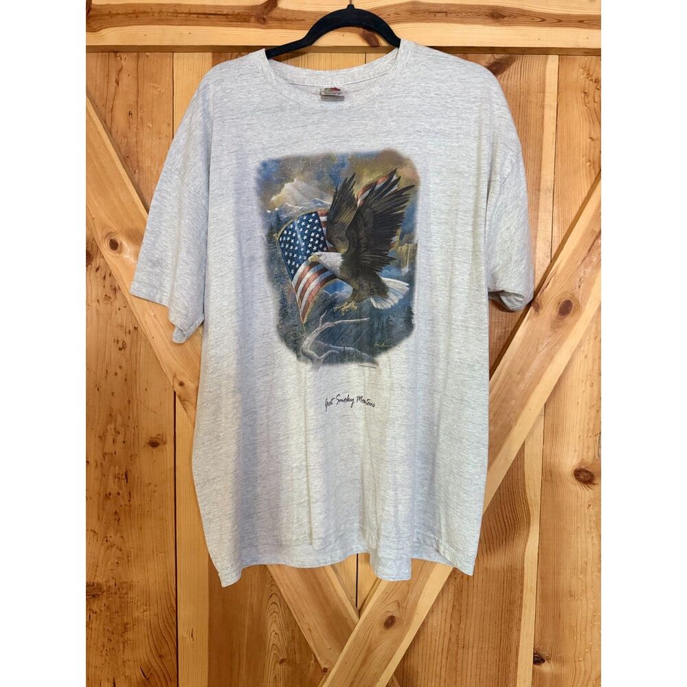 Vtg 90s Great Smoky Mountains Bald Eagle American Flag Graphic Tee 2XL Travel